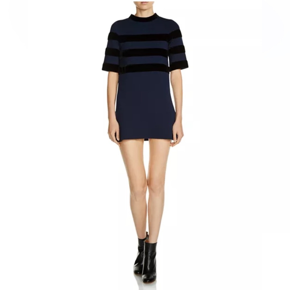 Sugar + Lips Navy and Black Velvet Striped Short Sleeve Shift Dress